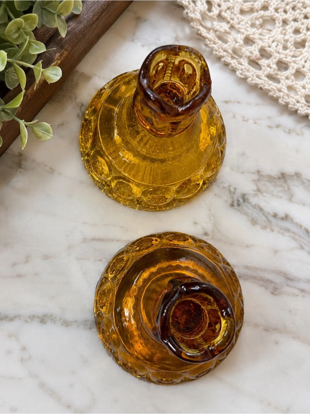 Pair Vintage Amber Glass Candle Holders Pressed Glass Daisy Button